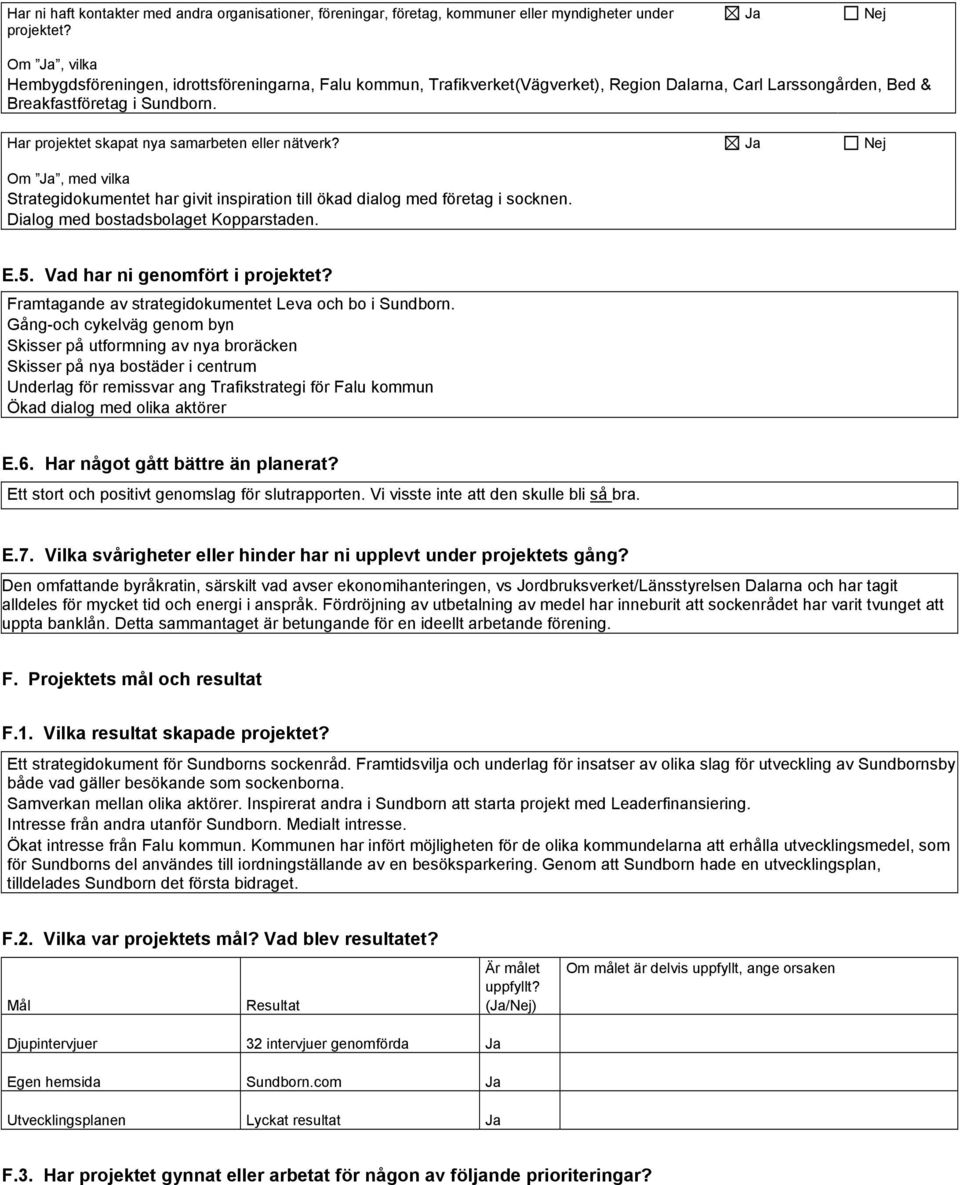 Har projektet skapat nya samarbeten eller nätverk? Ja Nej Om Ja, med vilka Strategidokumentet har givit inspiration till ökad dialog med företag i socknen. Dialog med bostadsbolaget Kopparstaden. E.5.