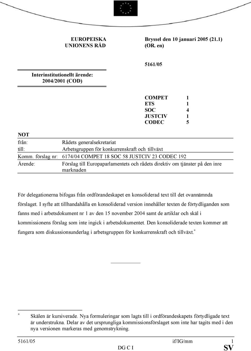 förslag nr: 6174/04 COMPET 18 SOC 58 JUSTCIV 23 CODEC 192 Ärende: Förslag till Europaparlamentets och rådets direktiv om tjänster på den inre marknaden För delegationerna bifogas från