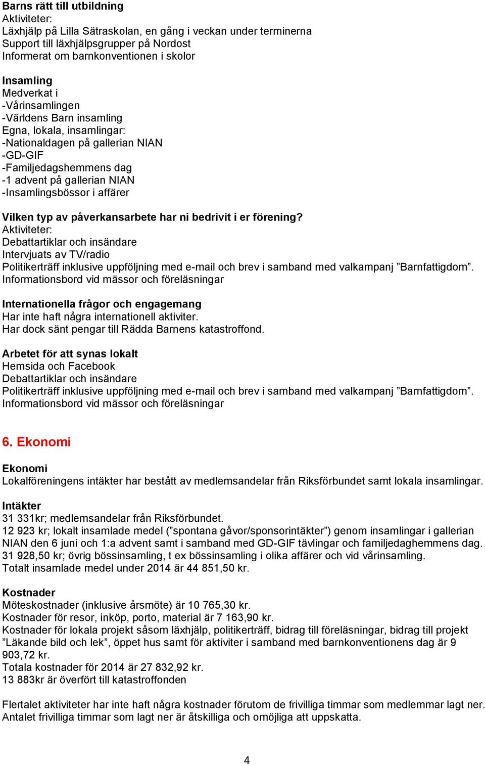 av påverkansarbete har ni bedrivit i er förening? Debattartiklar och insändare Intervjuats av TV/radio Politikerträff inklusive uppföljning med e-mail och brev i samband med valkampanj Barnfattigdom.