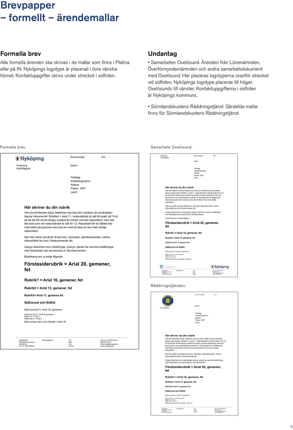 Nyköpings logotype placeras till höger, Oxelösunds till vänster. Kontaktuppgifterna i sidfoten är Nyköpings kommuns. finns för Sörmlands kustens Räddningstjänst. Formella brev. Samarbete Oxelösund.