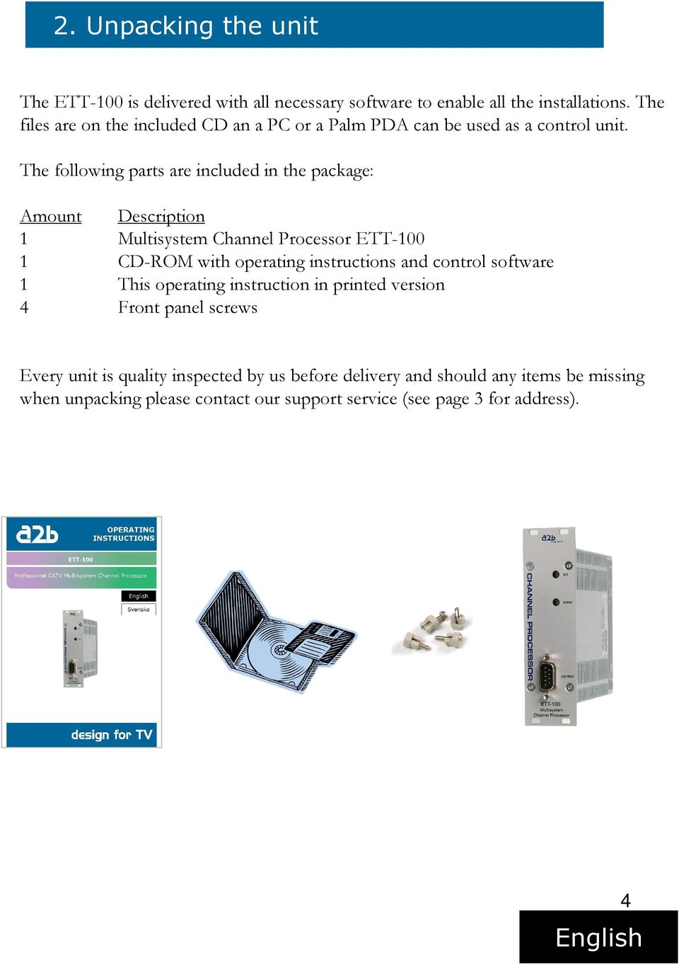 The following parts are included in the package: Amount Description 1 Multisystem Channel Processor ETT-100 1 CD-ROM with operating instructions and