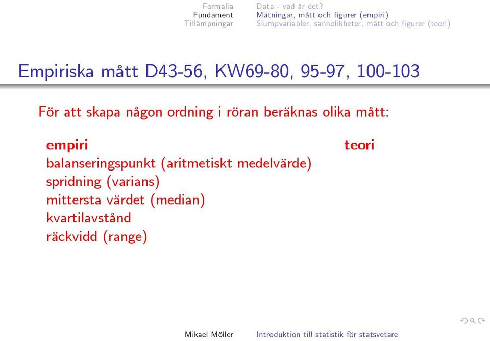 (teori) Empiriska mått D43-56, KW69-80, 95-97, 100-103 För att skapa någon ordning i