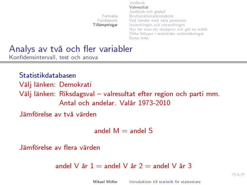 undersökningar Some links Statistikdatabasen Välj länken: Demokrati Välj länken: Riksdagsval valresultat efter region och parti mm.