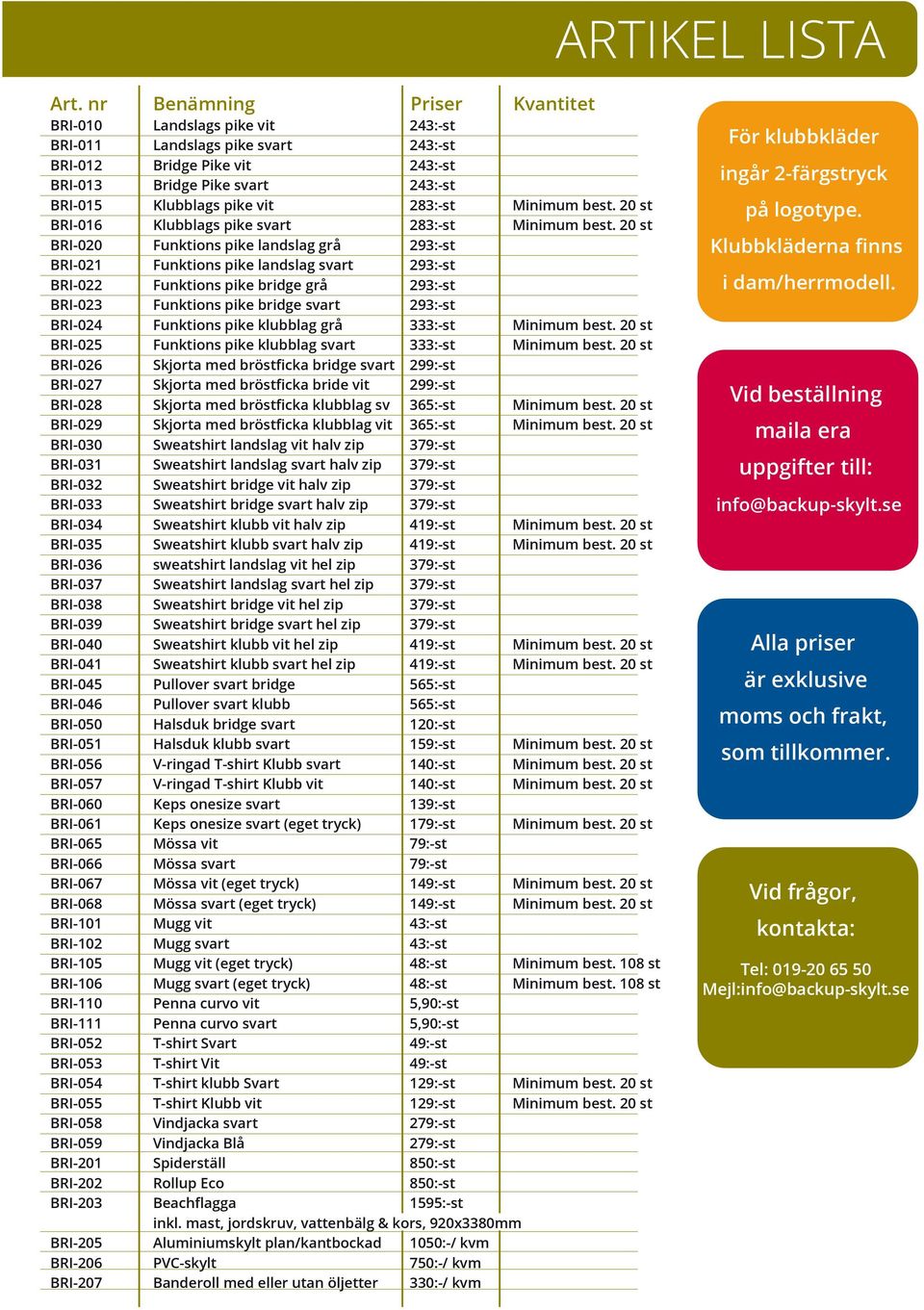 283:-st Minimum best. 20 st BRI-016 Klubblags pike svart 283:-st Minimum best.