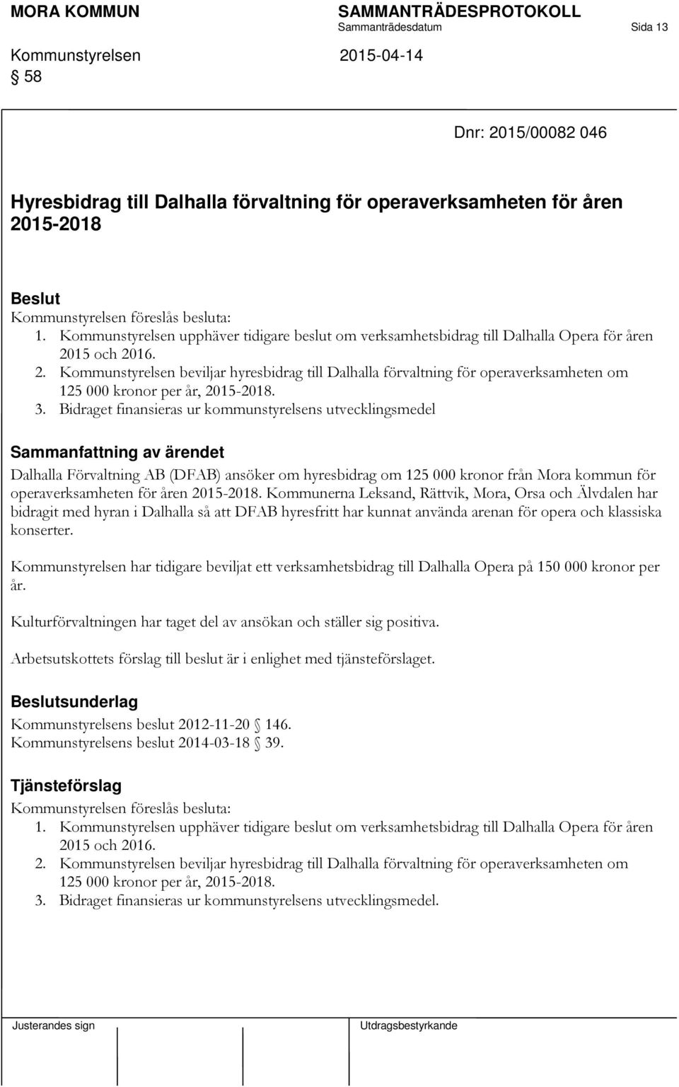 15 och 2016. 2. Kommunstyrelsen beviljar hyresbidrag till Dalhalla förvaltning för operaverksamheten om 125 000 kronor per år, 2015-2018. 3.