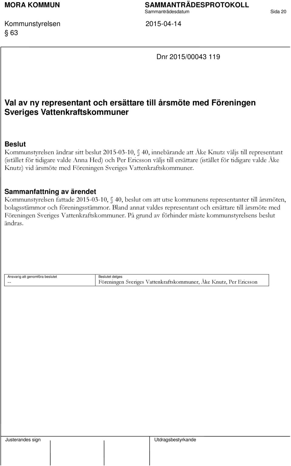 Sveriges Vattenkraftskommuner. Kommunstyrelsen fattade 2015-03-10, 40, beslut om att utse kommunens representanter till årsmöten, bolagsstämmor och föreningsstämmor.