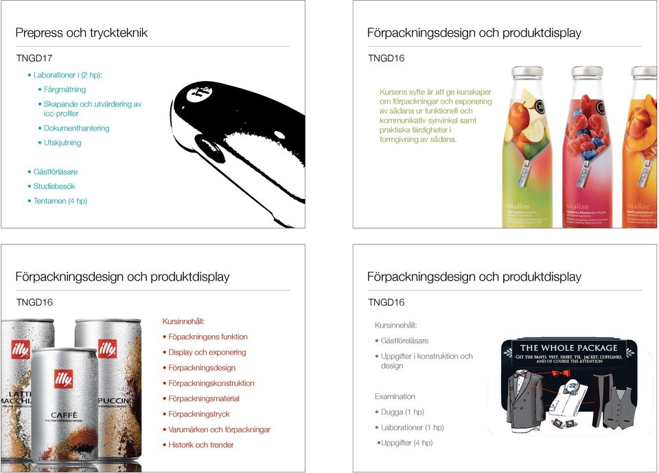 Skapande och utvärdering av icc-profiler Dokumenthantering Utskjutning Gästförläsare Studiebesök Tentamen (4 hp) TNGD16 TNGD16 Kursinnehåll: Kursinnehåll: Föpackningens