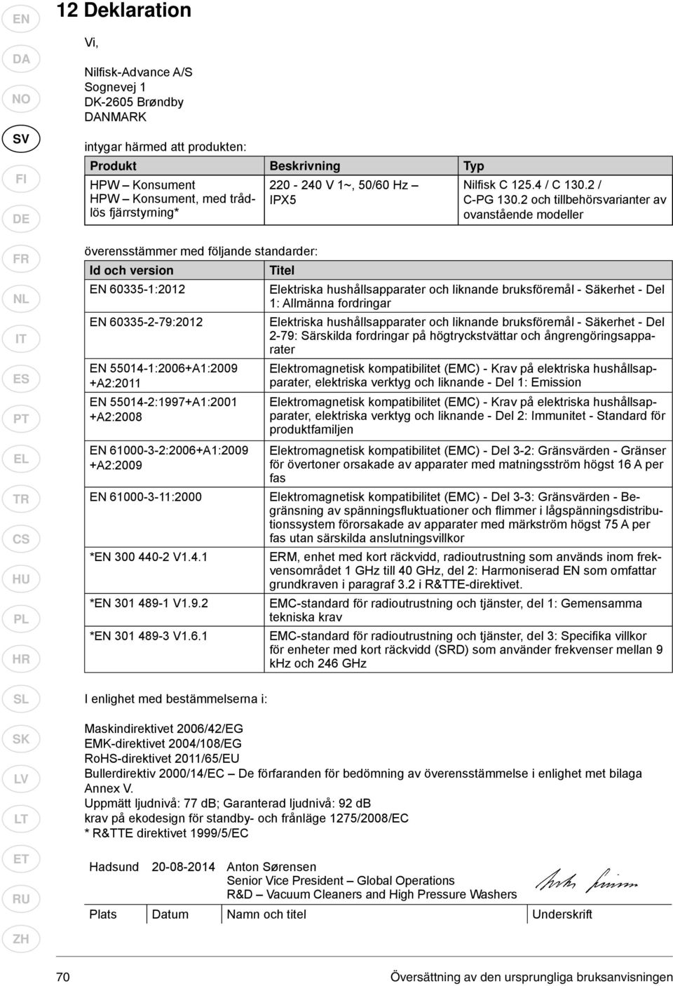 2 och tillbehörsvarianter av ovanstående modeller överensstämmer med följande standarder: Id och version Titel EN 60335-1:2012 Elektriska hushållsapparater och liknande bruksföremål - Säkerhet - Del