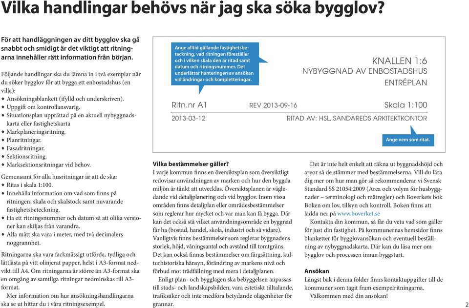 Situationsplan upprättad på en aktuell nybyggnadskarta eller fastighetskarta Markplaneringsritning. Planritningar. Fasadritningar. Sektionsritning. Marksektionsritningar vid behov.