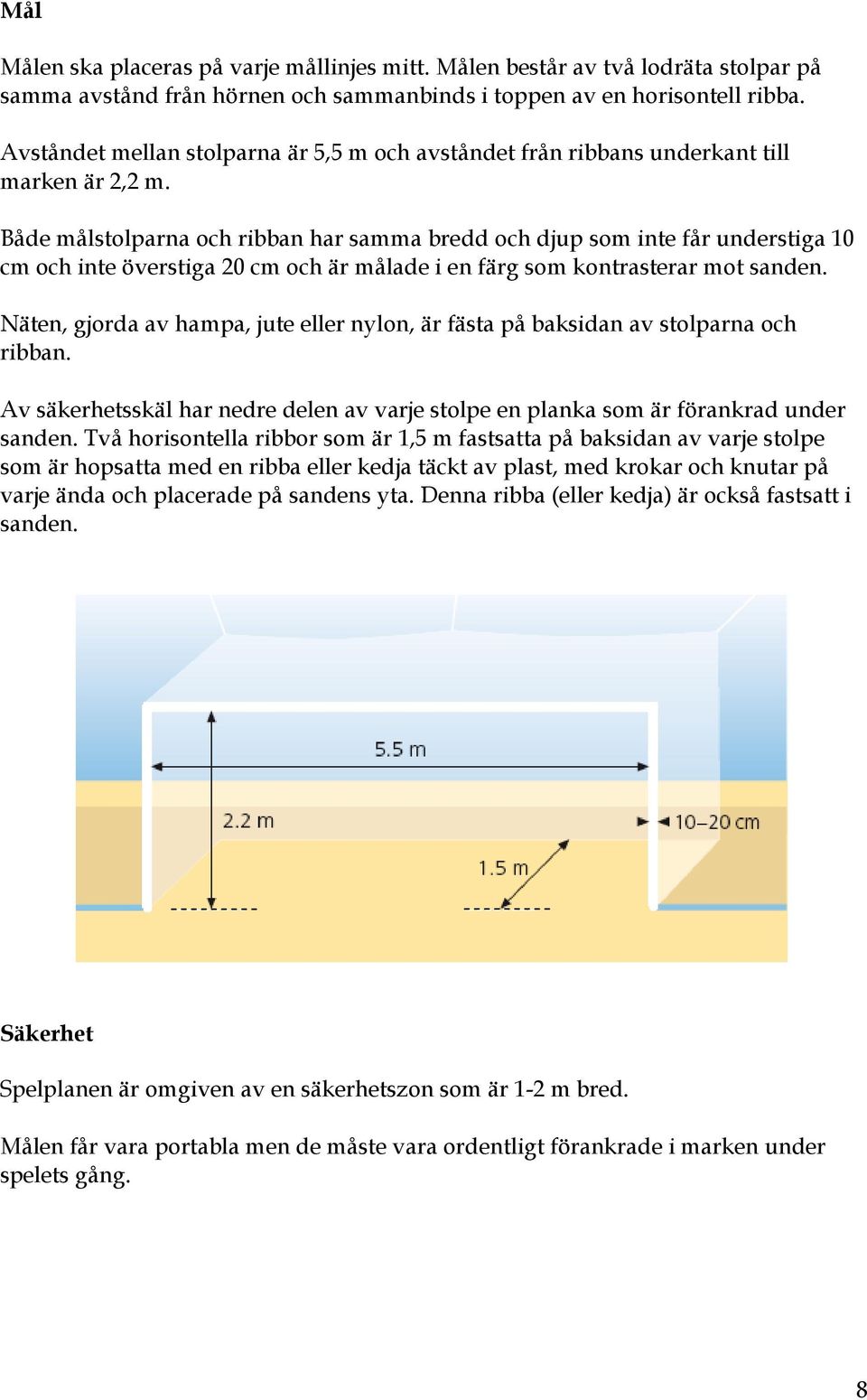 Både målstolparna och ribban har samma bredd och djup som inte får understiga 10 cm och inte överstiga 20 cm och är målade i en färg som kontrasterar mot sanden.