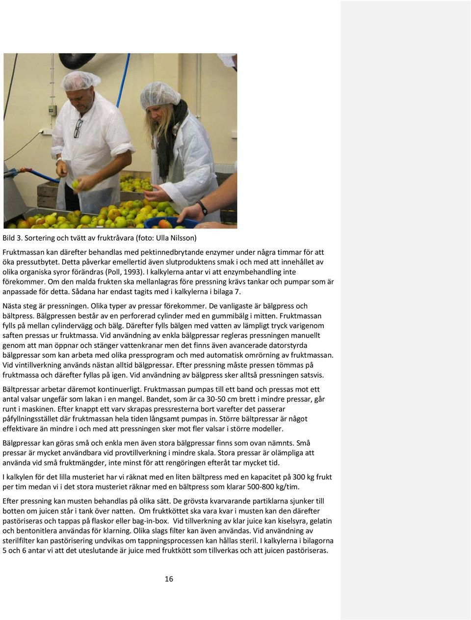 Om den malda frukten ska mellanlagras före pressning krävs tankar och pumpar som är anpassade för detta. Sådana har endast tagits med i kalkylerna i bilaga 7. Nästa steg är pressningen.