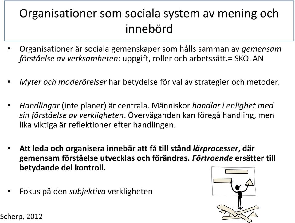 Människor handlar i enlighet med sin förståelse av verkligheten. Överväganden kan föregå handling, men lika viktiga är reflektioner efter handlingen.