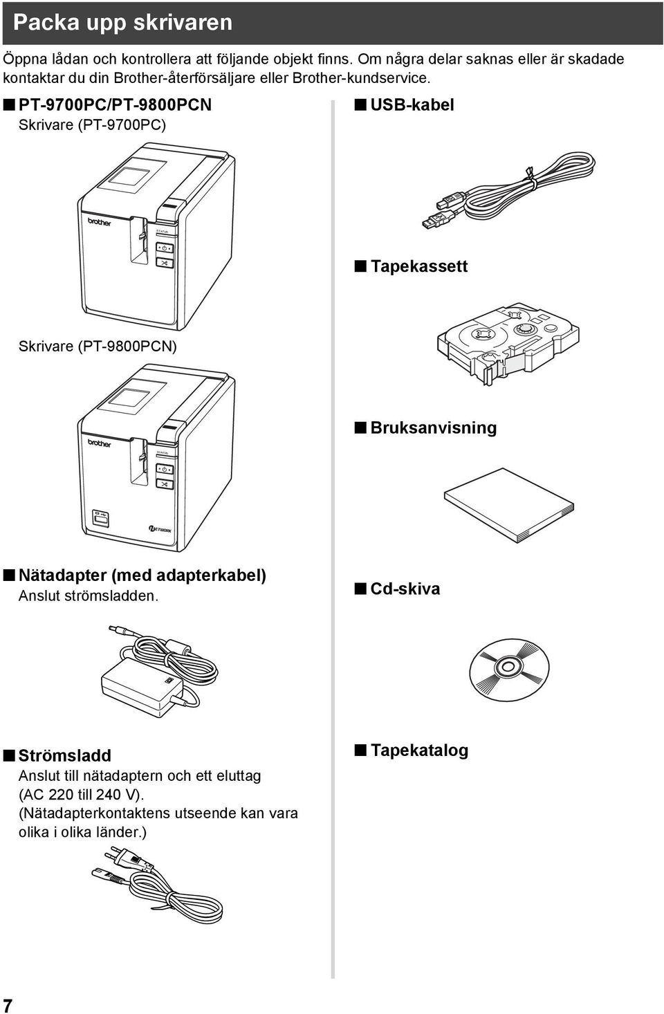 PT-9700PC/PT-9800PCN Skrivare (PT-9700PC) USB-kabel Tapekassett Skrivare (PT-9800PCN) Bruksanvisning Nätadapter (med