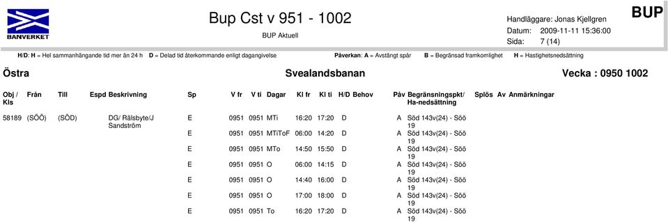 15:50 D A Söd 143v(24) - Söö 19 E 0951 0951 O 06:00 14:15 D A Söd 143v(24) - Söö 19 E 0951 0951 O 14:40 16:00 D A Söd