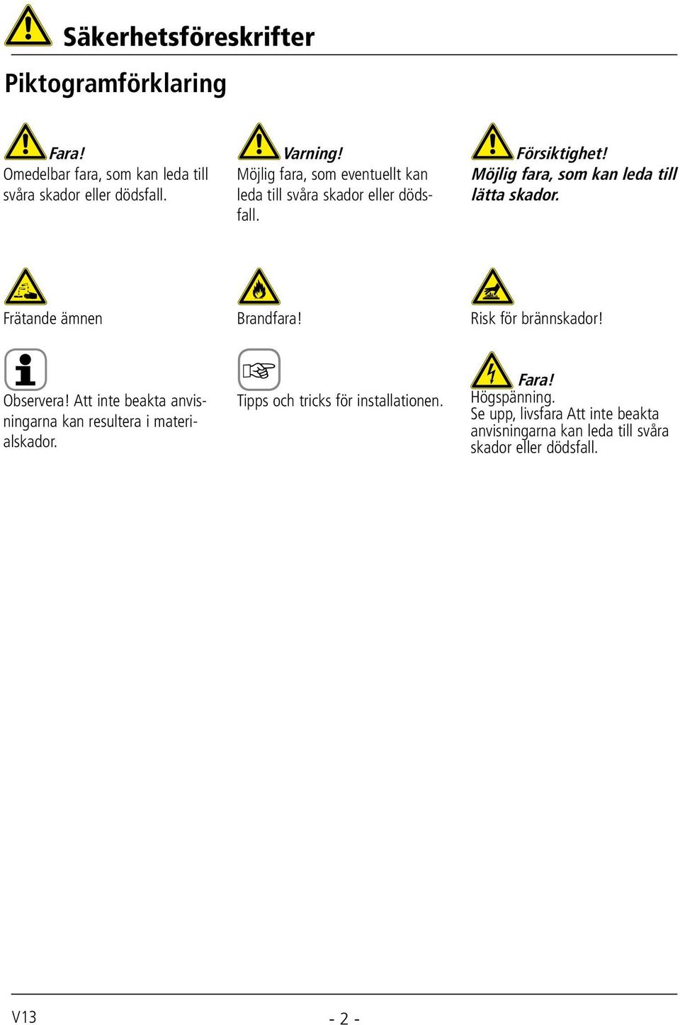 Frätande ämnen Brandfara! Risk för brännskador! Observera! tt inte beakta anvisningarna kan resultera i materialskador.