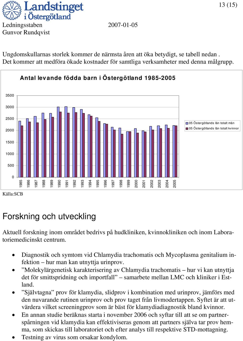 1994 1995 1996 1997 1998 1999 2000 2001 2002 2003 2004 2005 Källa:SCB Forskning och utveckling Aktuell forskning inom området bedrivs på hudkliniken, kvinnokliniken och inom Laboratoriemedicinskt