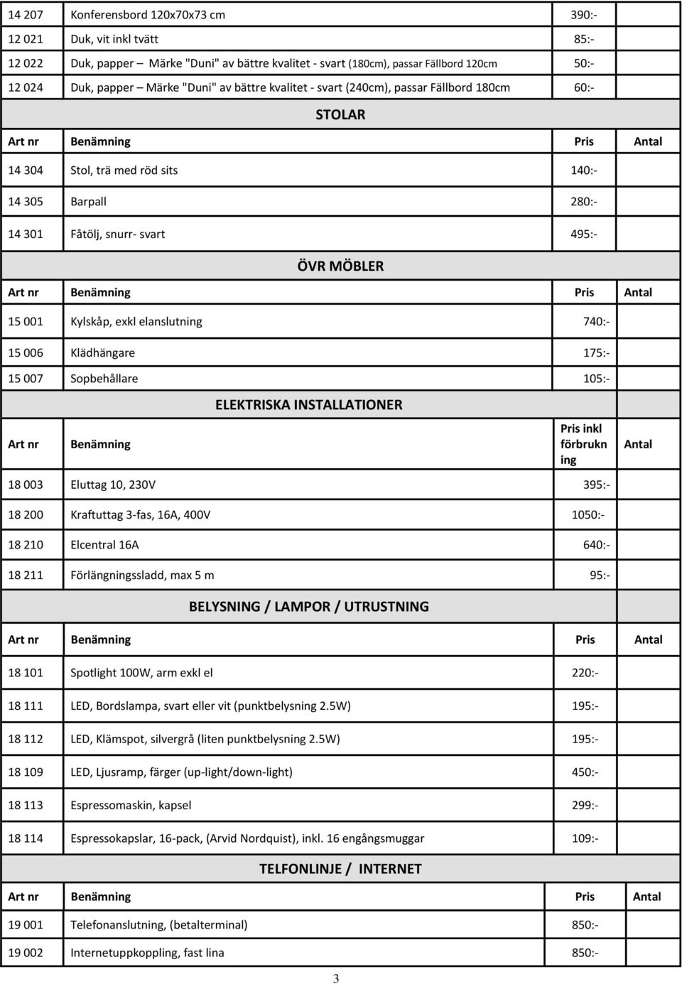 elanslutning 740:- 15 006 Klädhängare 175:- 15 007 Sopbehållare 105:- ELEKTRISKA INSTALLATIONER Art nr Benämning Pris inkl förbrukn ing Antal 18 003 Eluttag 10, 230V 395:- 18 200 Kraftuttag 3-fas,