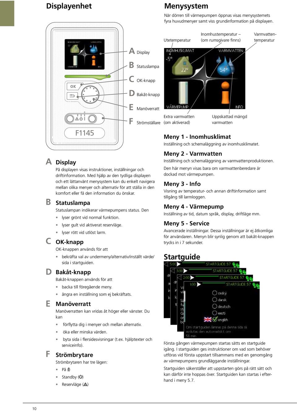 Uppskattad mängd varmvatten Meny 1 - Inomhusklimat Inställning och schemaläggning av inomhusklimatet. A B C D E F Display å displayen visas instruktioner, inställningar och driftinformation.