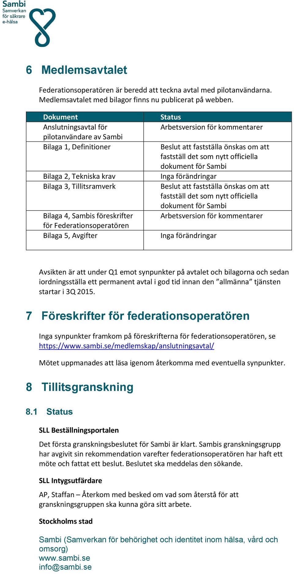 Avgifter Status Arbetsversion för kommentarer Beslut att fastställa önskas om att fastställ det som nytt officiella dokument för Sambi Inga förändringar Beslut att fastställa önskas om att fastställ