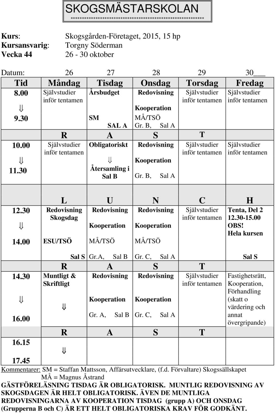 C, Sal S Redovisning Redovisning Gr. A, Sal B Gr. C, Fastighetsrätt,, Förhandling (skatt o värdering och annat övergripande) Kommentarer: SM = Staffan Mattsson, Affärsutvecklare, (f.d. Förvaltare) Skogssällskapet MÅ = Magnus Åstrand GÄSTFÖRELÄSNING TISDAG ÄR OBLIGATORISK.