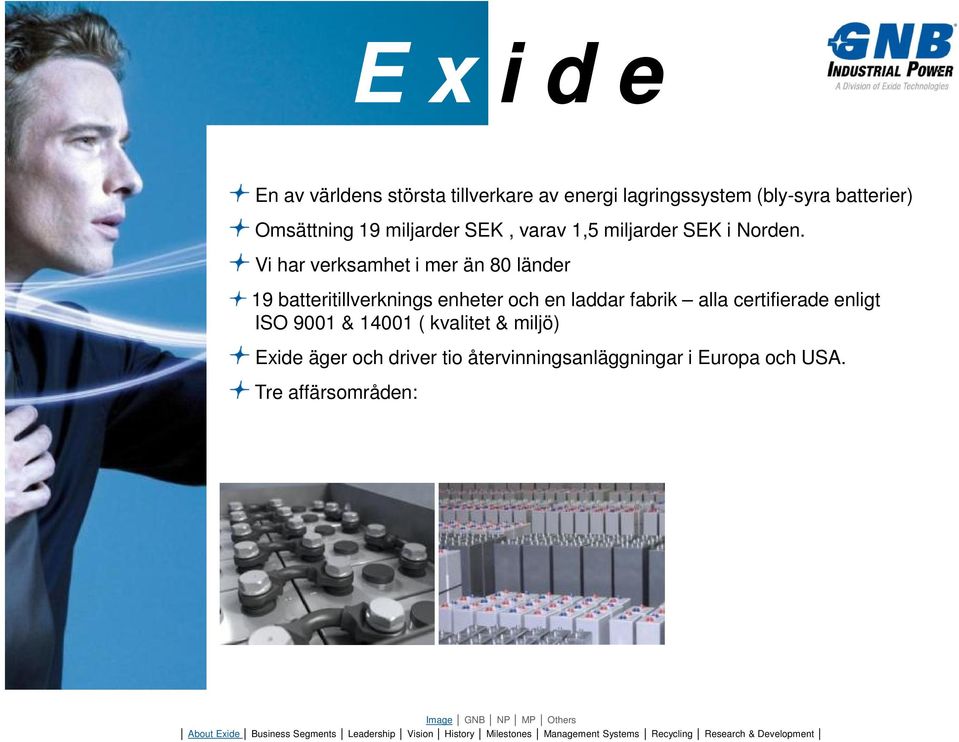 Vi har verksamhet i mer än 80 länder 19 batteritillverknings enheter och en laddar fabrik alla certifierade enligt ISO 9001 & 14001 (