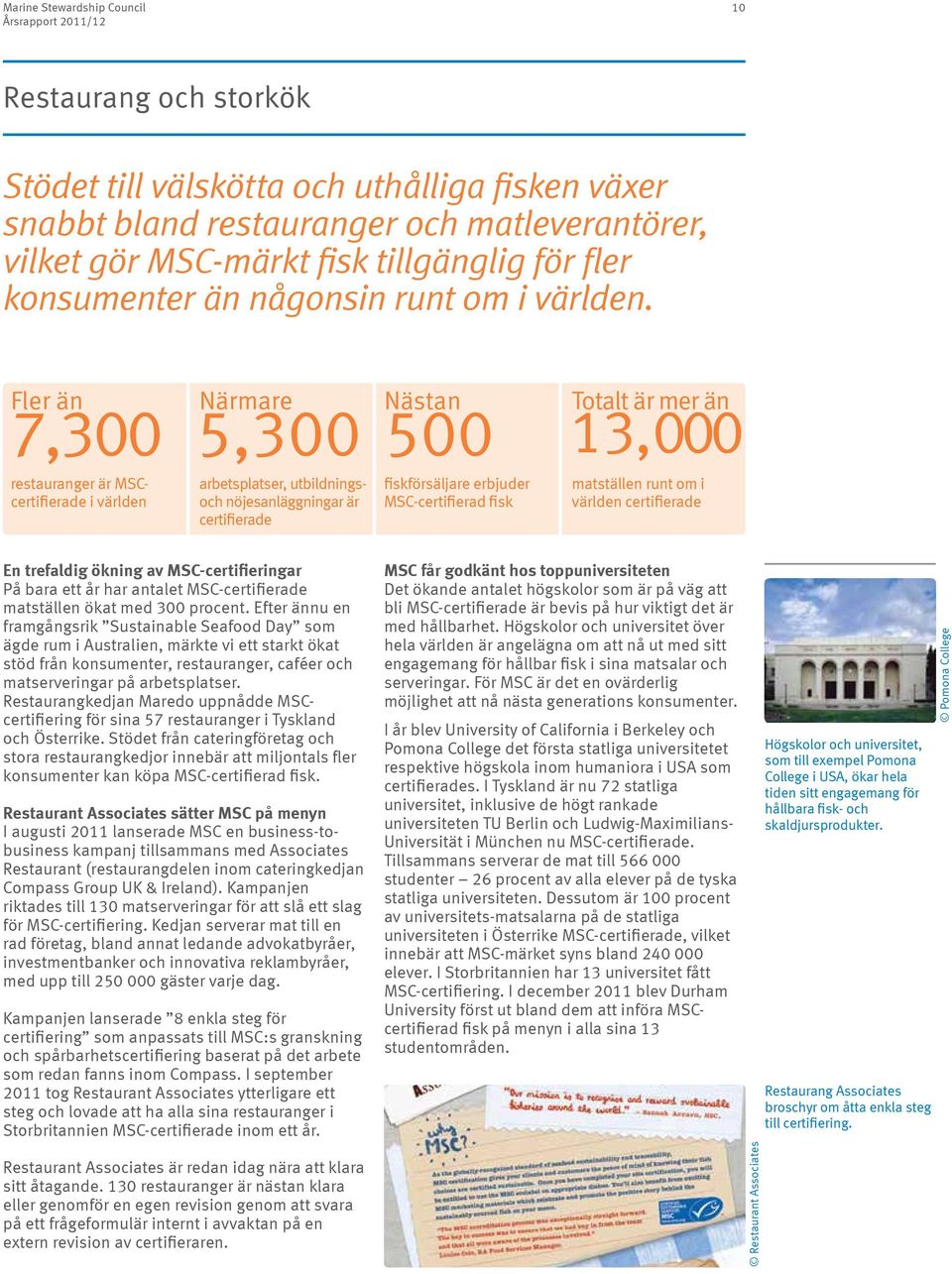 Fler än 7,300 Närmare restauranger är MSCcertifierade i världen 5,300 arbetsplatser, utbildningsoch nöjesanläggningar är certifierade Nästan Totalt är mer än 500 3,000 fiskförsäljare erbjuder
