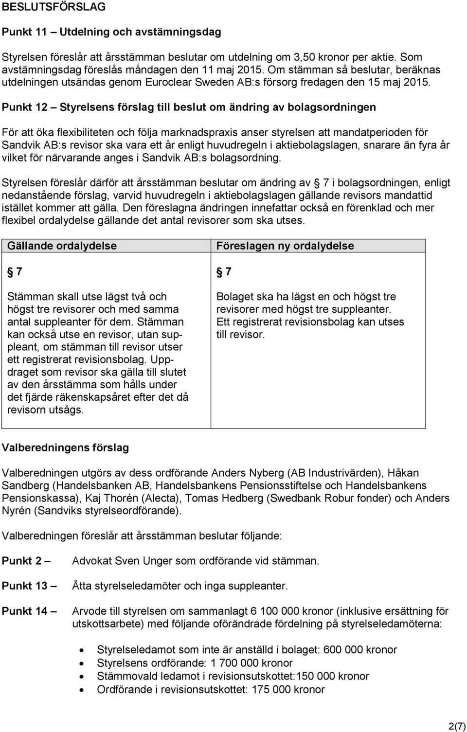 Punkt 12 Styrelsens förslag till beslut om ändring av bolagsordningen För att öka flexibiliteten och följa marknadspraxis anser styrelsen att mandatperioden för Sandvik AB:s revisor ska vara ett år