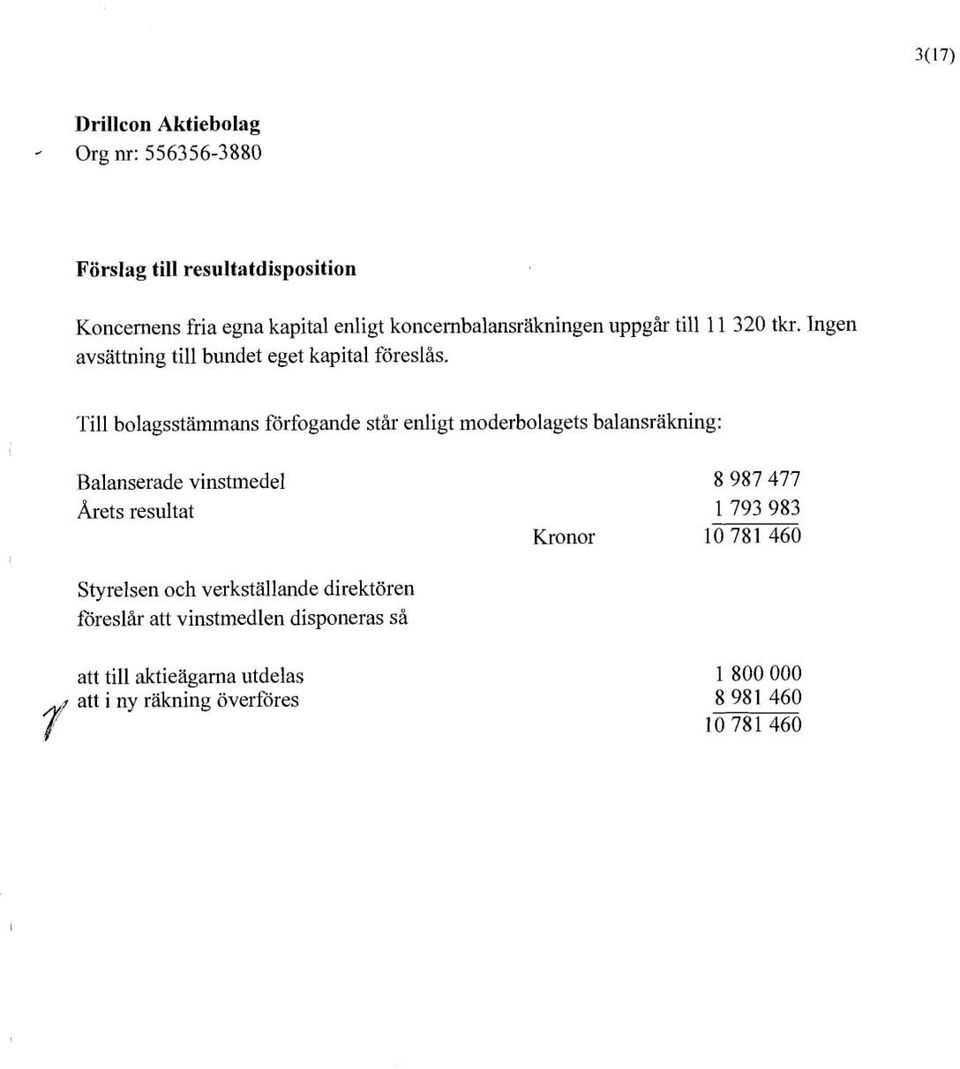 Till bolagsstämmans förfogande står enligt moderbolagets balansräkning: Balanserade vinstmedel hets resultat 8