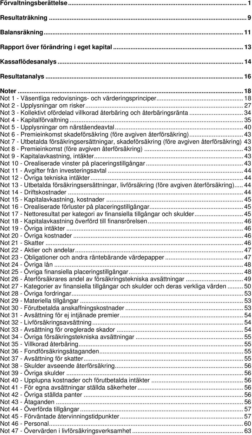 .. 34 Not 4 - Kapitalförvaltning... 35 Not 5 - Upplysningar om närståendeavtal... 40 Not 6 - Premieinkomst skadeförsäkring (före avgiven återförsäkring).