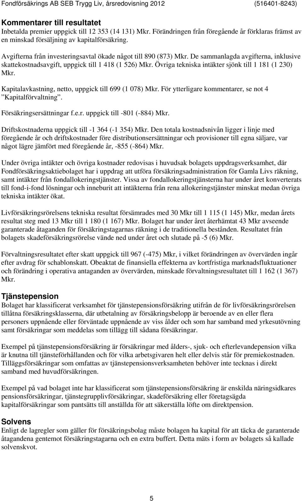 Övriga tekniska intäkter sjönk till 1 181 (1 230) Mkr. Kapitalavkastning, netto, uppgick till 699 (1 078) Mkr. För ytterligare kommentarer, se not 4 Kapitalförvaltning. Försäkringsersättningar f.e.r. uppgick till -801 (-884) Mkr.
