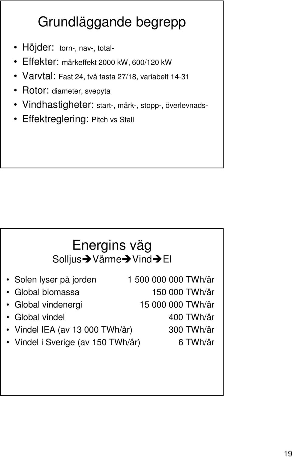 Energins väg Solljus Värme Vind El Solen lyser på jorden Global biomassa Global vindenergi Global vindel Vindel IEA (av 13 000