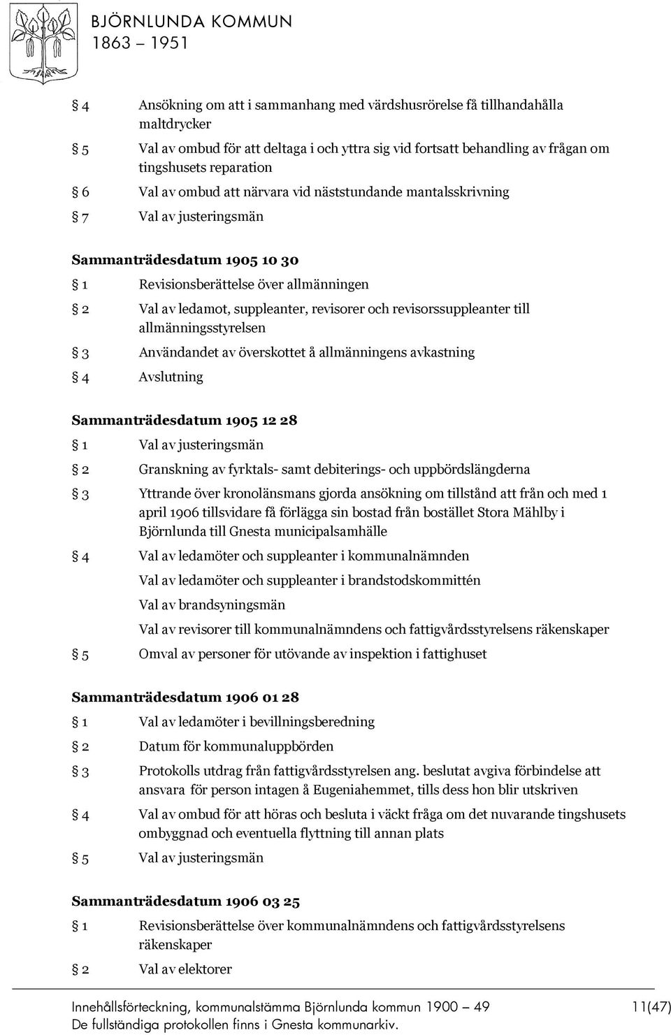 revisorssuppleanter till allmänningsstyrelsen 3 Användandet av överskottet å allmänningens avkastning 4 Avslutning Sammanträdesdatum 1905 12 28 2 Granskning av fyrktals- samt debiterings- och