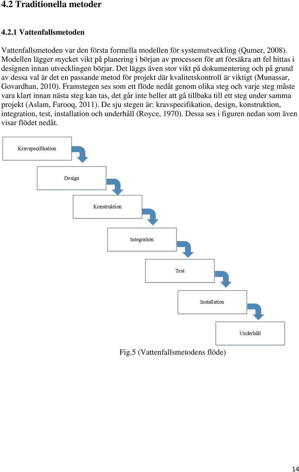 Det läggs även stor vikt på dokumentering och på grund av dessa val är det en passande metod för projekt där kvalitetskontroll är viktigt (Munassar, Govardhan, 2010).