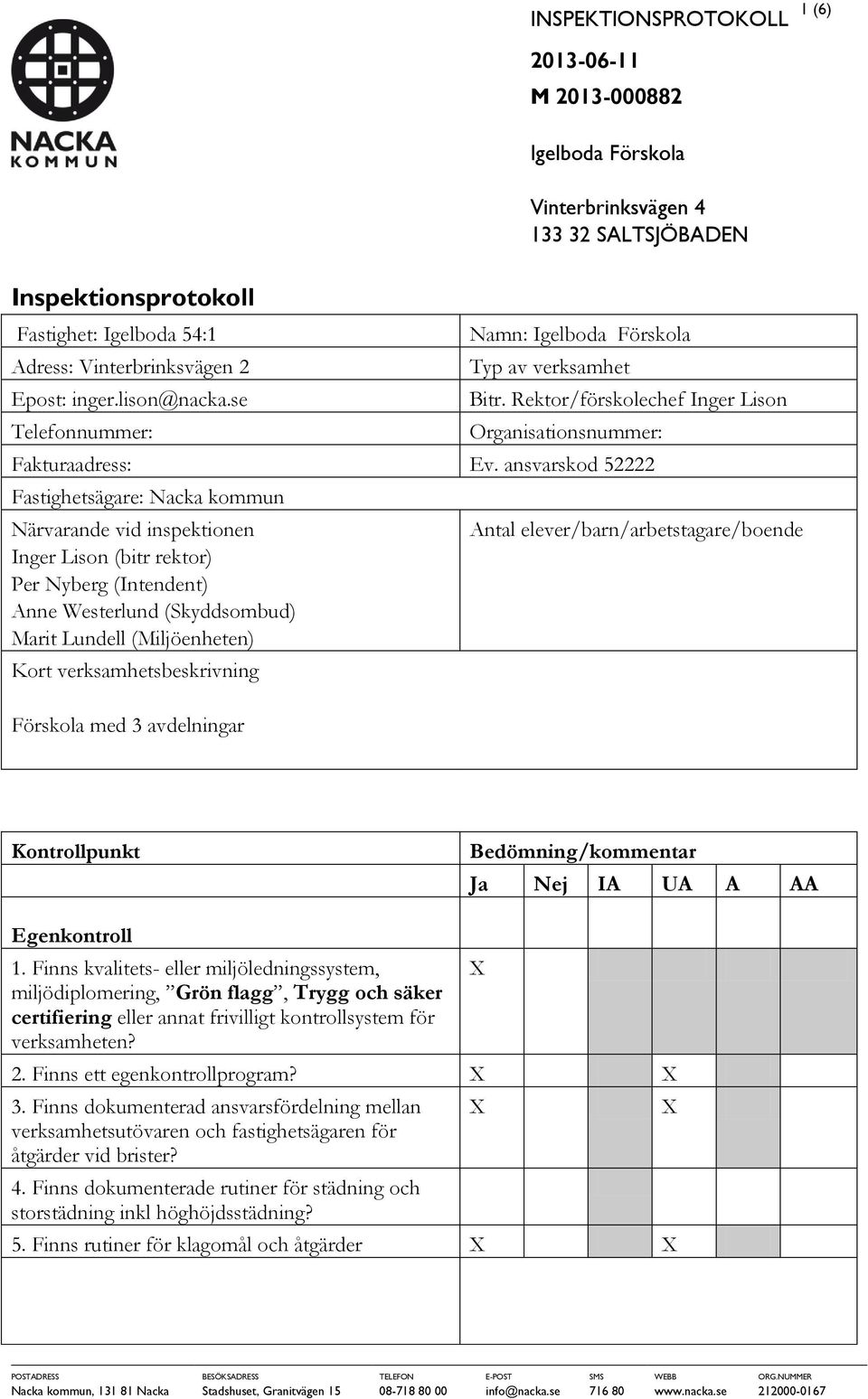 ansvarskod 52222 Fastighetsägare: Nacka kommun Närvarande vid inspektionen Inger Lison (bitr rektor) Per Nyberg (Intendent) Anne Westerlund (Skyddsombud) Marit Lundell (Miljöenheten) Kort