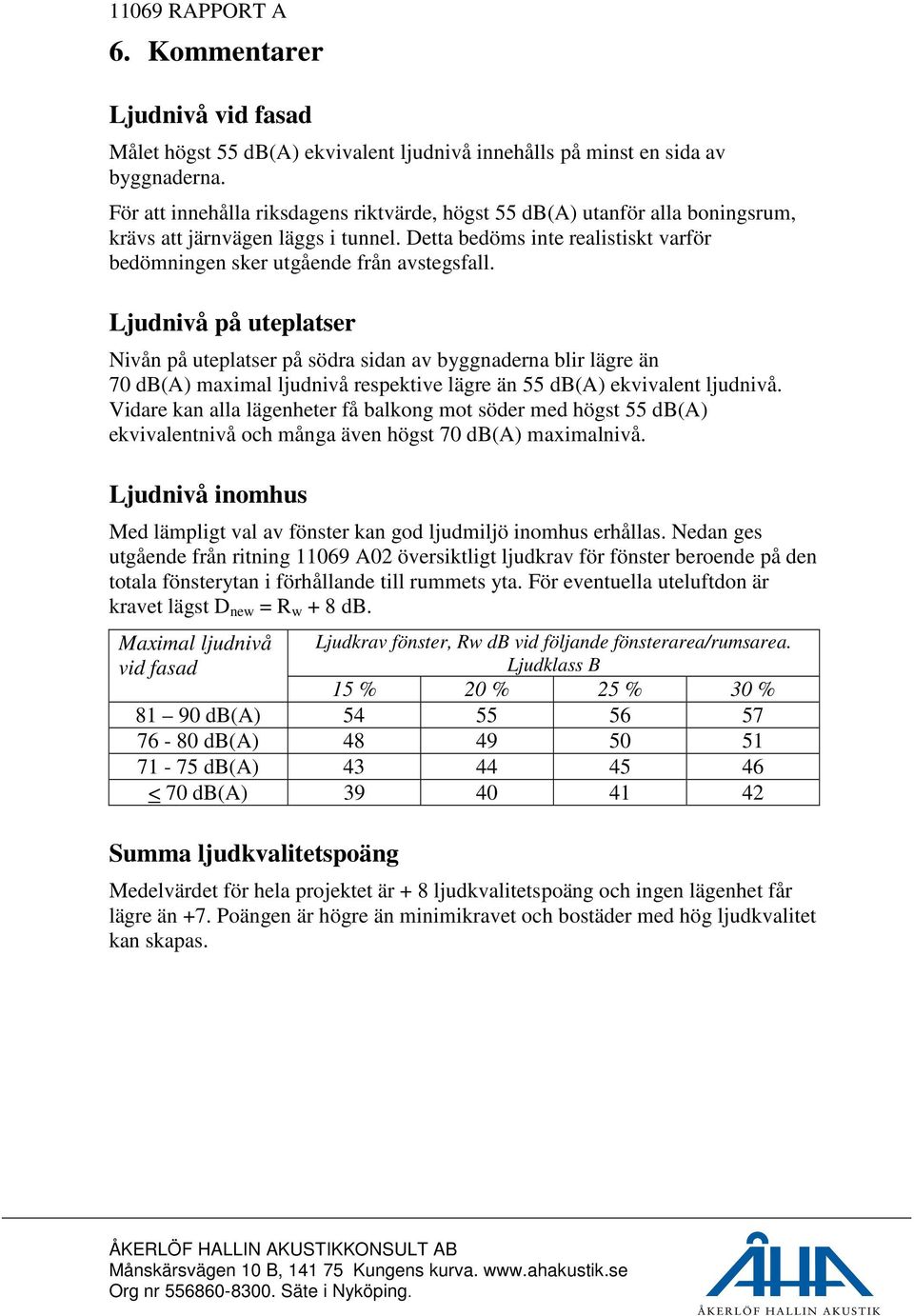 Ljudnivå på uteplatser Nivån på uteplatser på södra sidan av byggnaderna blir lägre än 70 db(a) maximal ljudnivå respektive lägre än 55 db(a) ekvivalent ljudnivå.