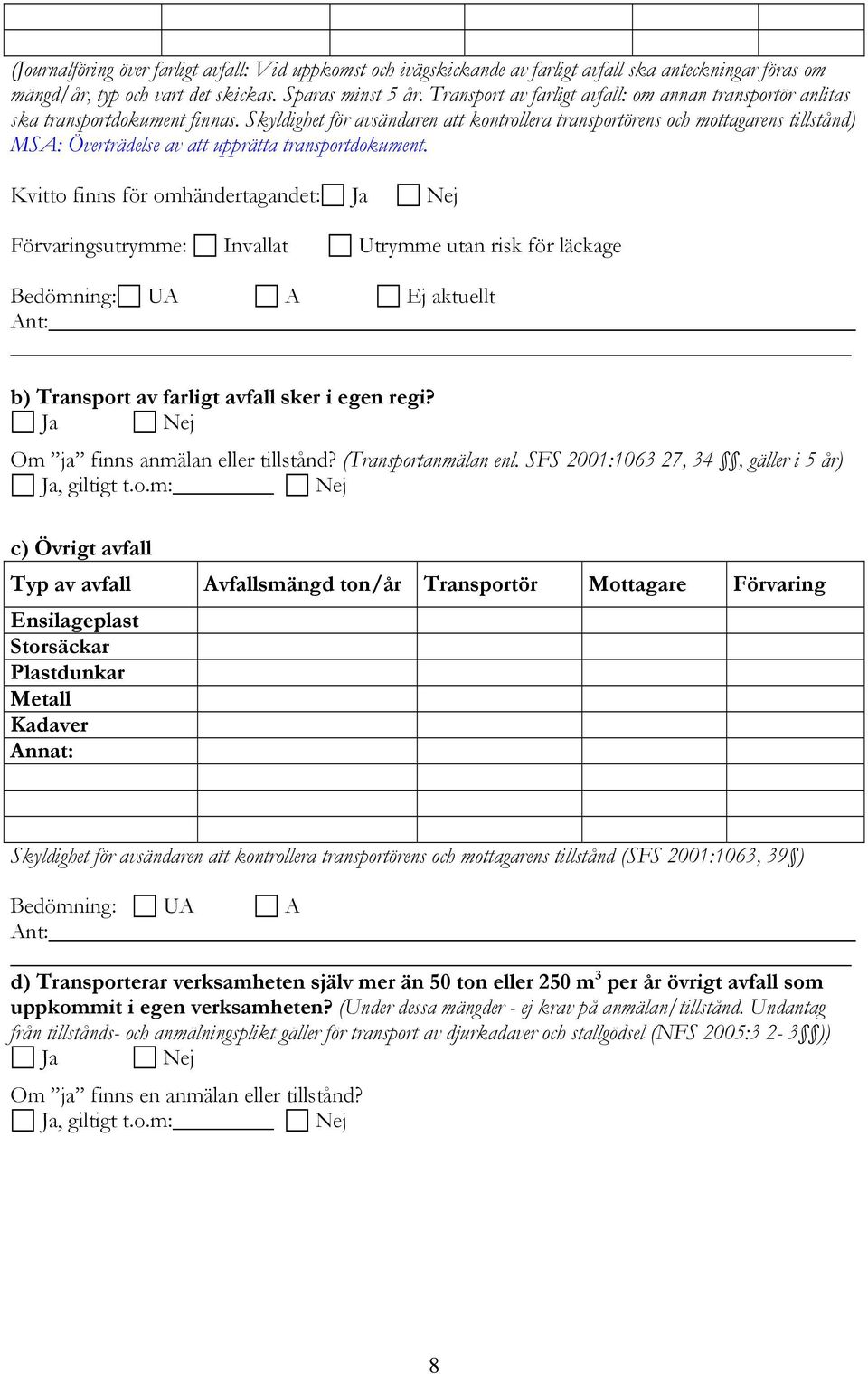 Skyldighet för avsändaren att kontrollera transportörens och mottagarens tillstånd) MSA: Överträdelse av att upprätta transportdokument.