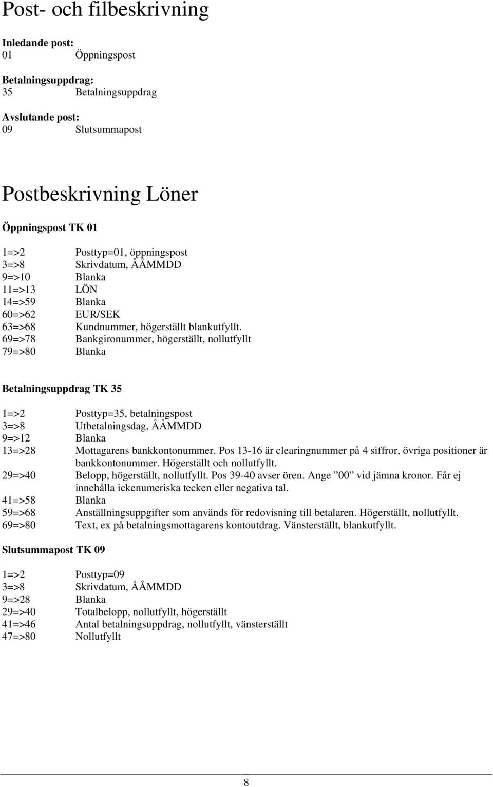 69=>78 Bankgironummer, högerställt, nollutfyllt 79=>80 Blanka Betalningsuppdrag TK 35 1=>2 Posttyp=35, betalningspost 3=>8 Utbetalningsdag, ÅÅMMDD 9=>12 Blanka 13=>28 Mottagarens bankkontonummer.