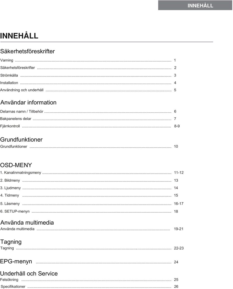 .. 10 OSD-MENY 1. Kanalinmatningsmeny... 11-12 2. Bildmeny... 13 3. Ljudmeny... 14 4. Tidmeny 5. Låsmeny...... 15 16-17 6. SETUP-menyn.