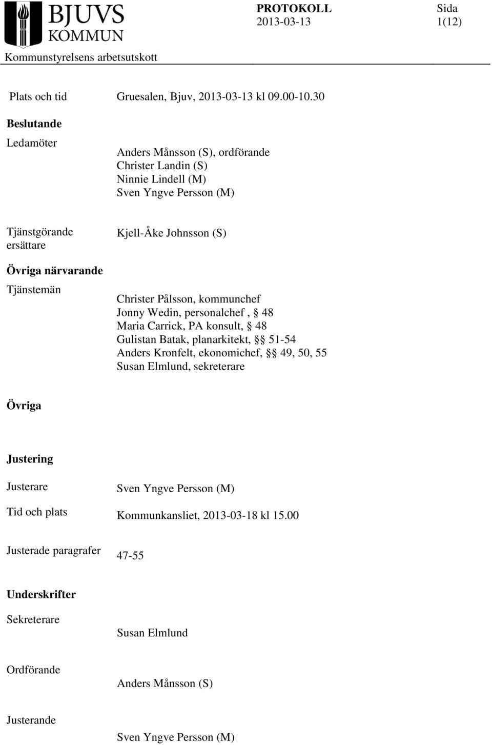 Tjänstemän Kjell-Åke Johnsson (S) Christer Pålsson, kommunchef Jonny Wedin, personalchef, 48 Maria Carrick, PA konsult, 48 Gulistan Batak, planarkitekt, 51-54 Anders