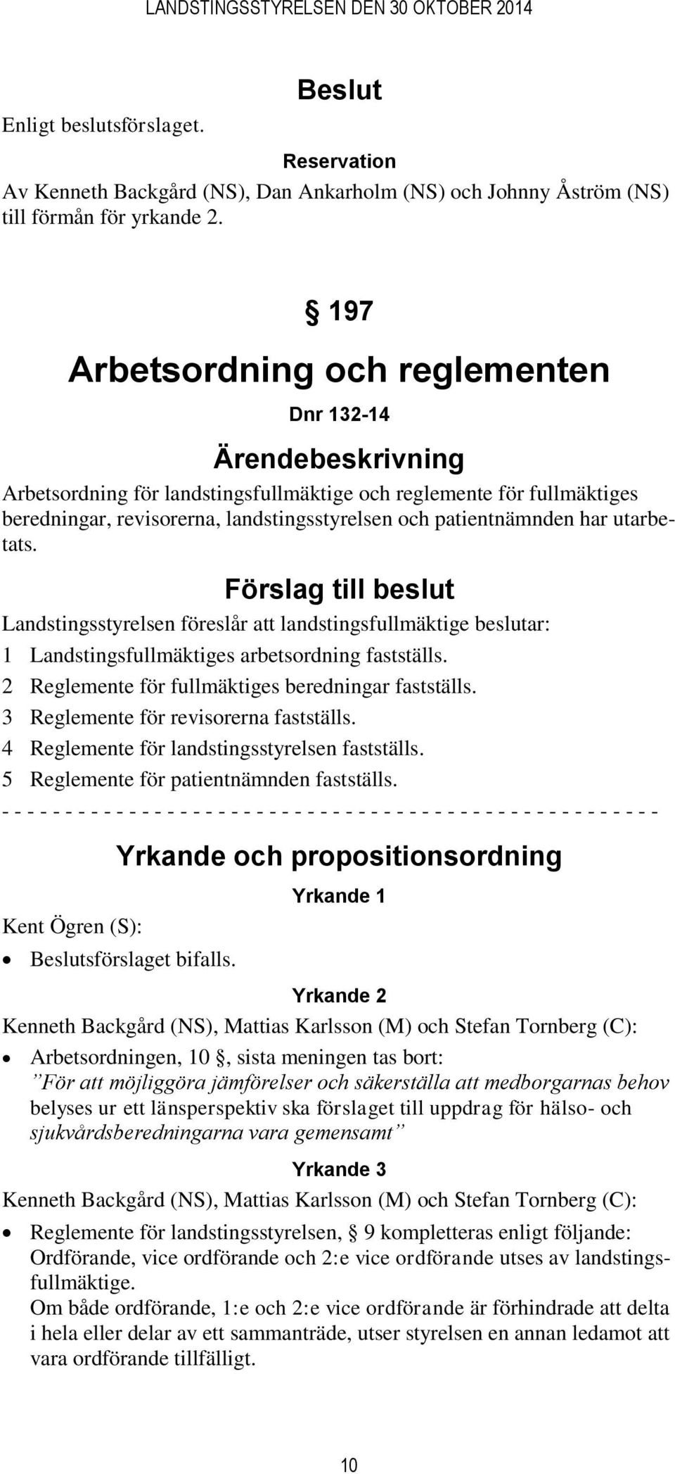 Landstingsstyrelsen föreslår att landstingsfullmäktige beslutar: 1 Landstingsfullmäktiges arbetsordning fastställs. 2 Reglemente för fullmäktiges beredningar fastställs.