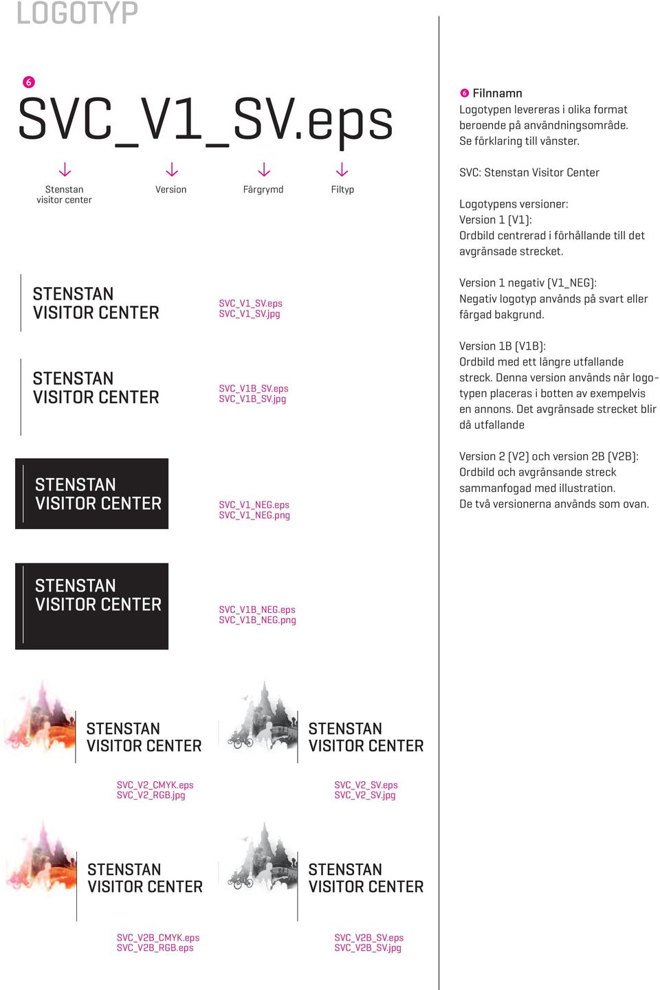 SVC: Stenstan Visitor Center Logotypens versioner: Version 1 (V1): Ordbild centrerad i förhållande till det avgränsade strecket.