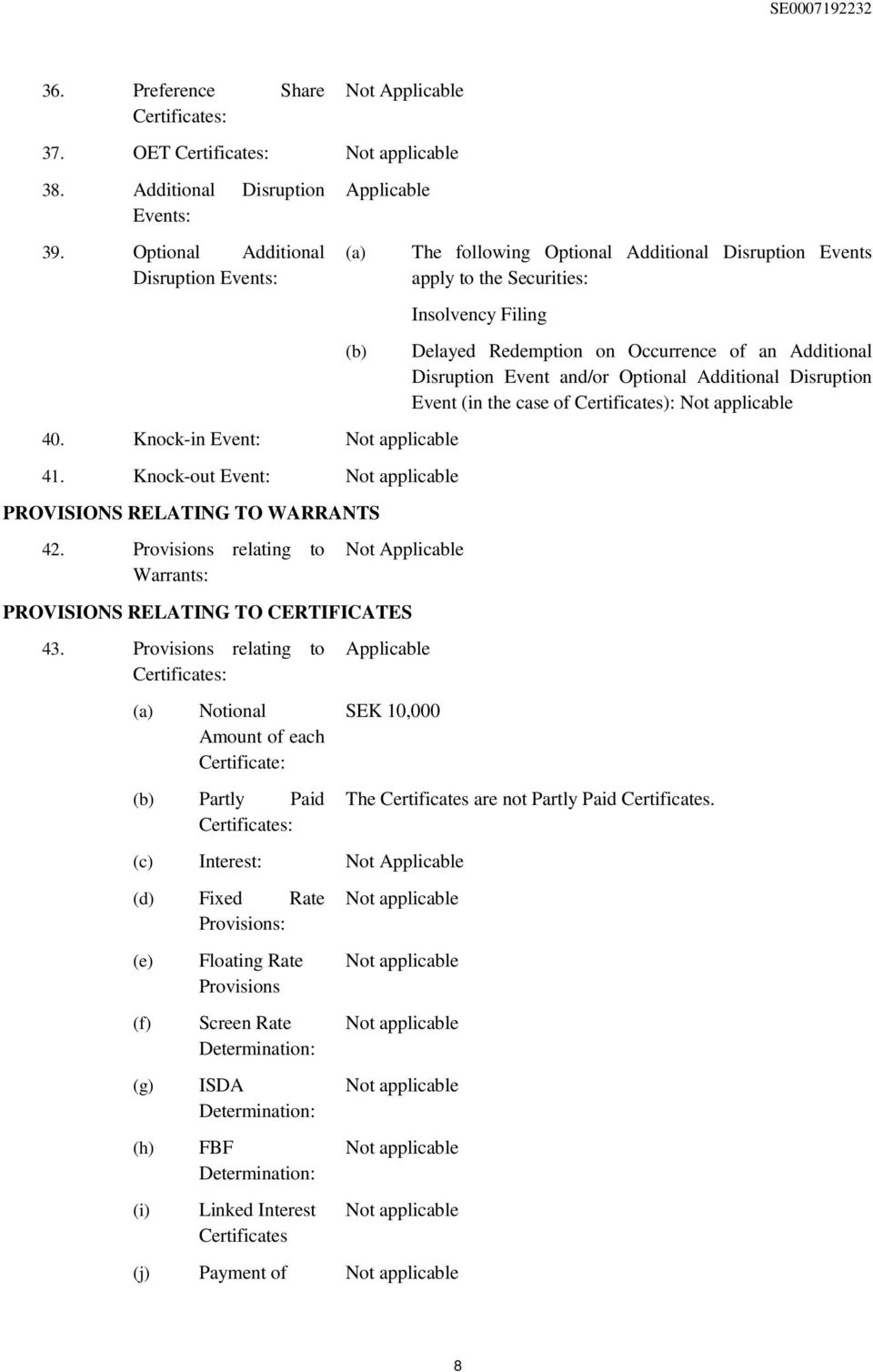 Provisions relating to Certificates: (a) Notional Amount of each Certificate: (b) Partly Paid Certificates: Applicable SEK 10,000 (c) Interest: Not Applicable (d) Fixed Rate Provisions: (e) (f) (g)