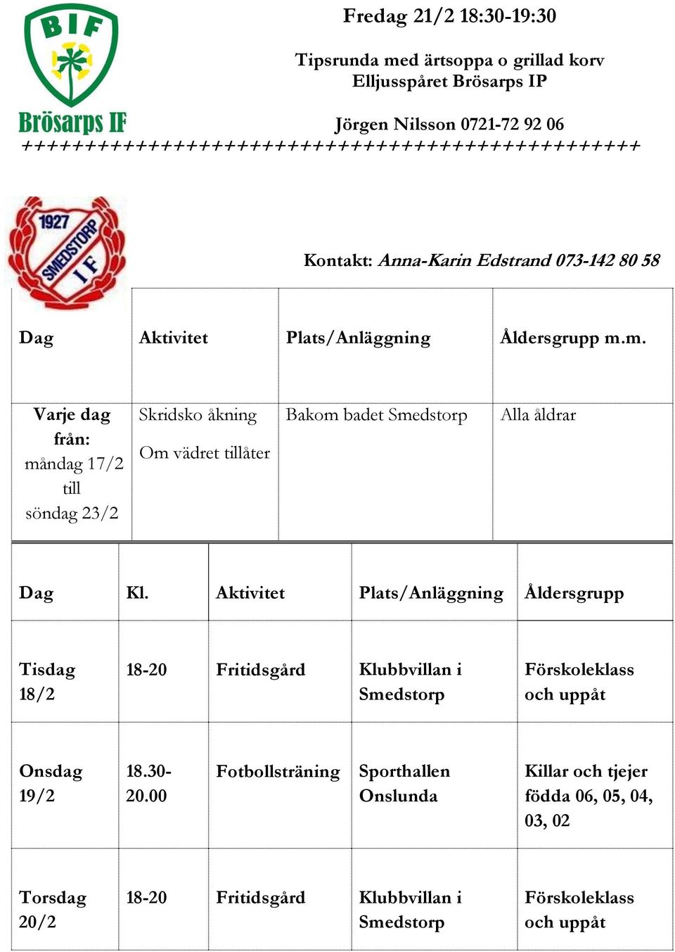 m. Varje dag från: måndag 17/2 till söndag 23/2 Skridsko åkning Om vädret tillåter Bakom badet Smedstorp Alla åldrar Dag Kl.