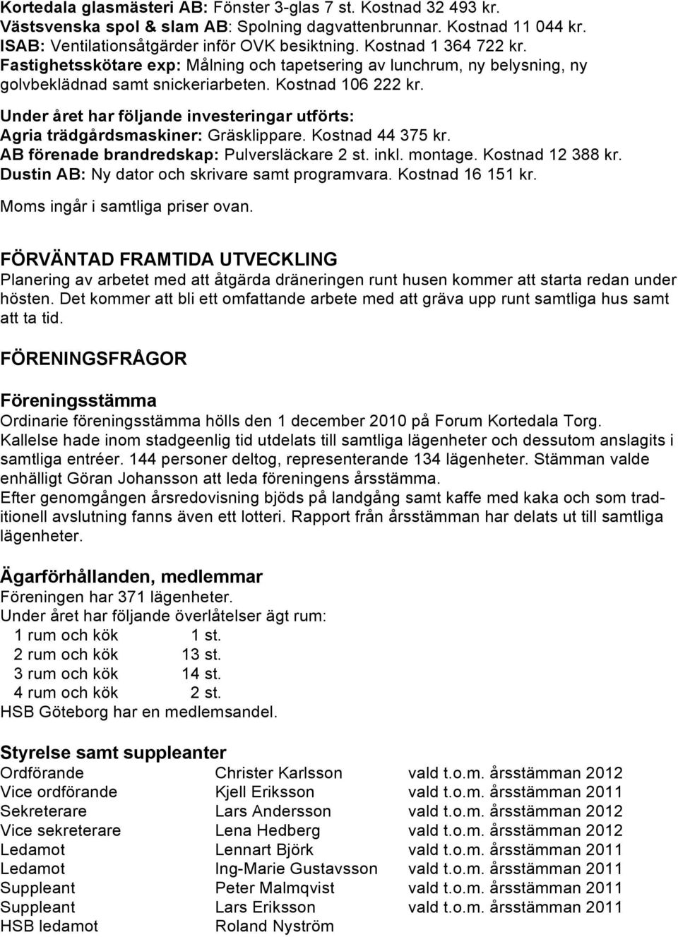 Under året har följande investeringar utförts: Agria trädgårdsmaskiner: Gräsklippare. Kostnad 44 375 kr. AB förenade brandredskap: Pulversläckare 2 st. inkl. montage. Kostnad 12 388 kr.