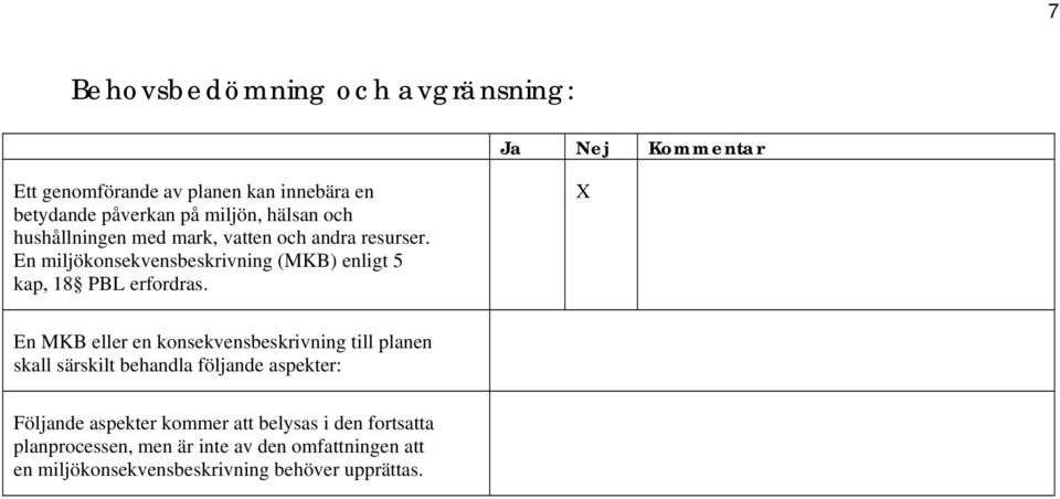 En MKB eller en konsekvensbeskrivning till planen skall särskilt behandla följande aspekter: Följande aspekter kommer