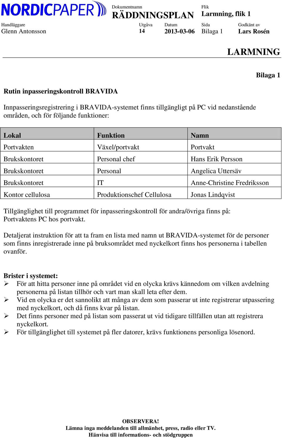 Fredriksson Kontor cellulosa Produktionschef Cellulosa Jonas Lindqvist Tillgänglighet till programmet för inpasseringskontroll för andra/övriga finns på: Portvaktens PC hos portvakt.