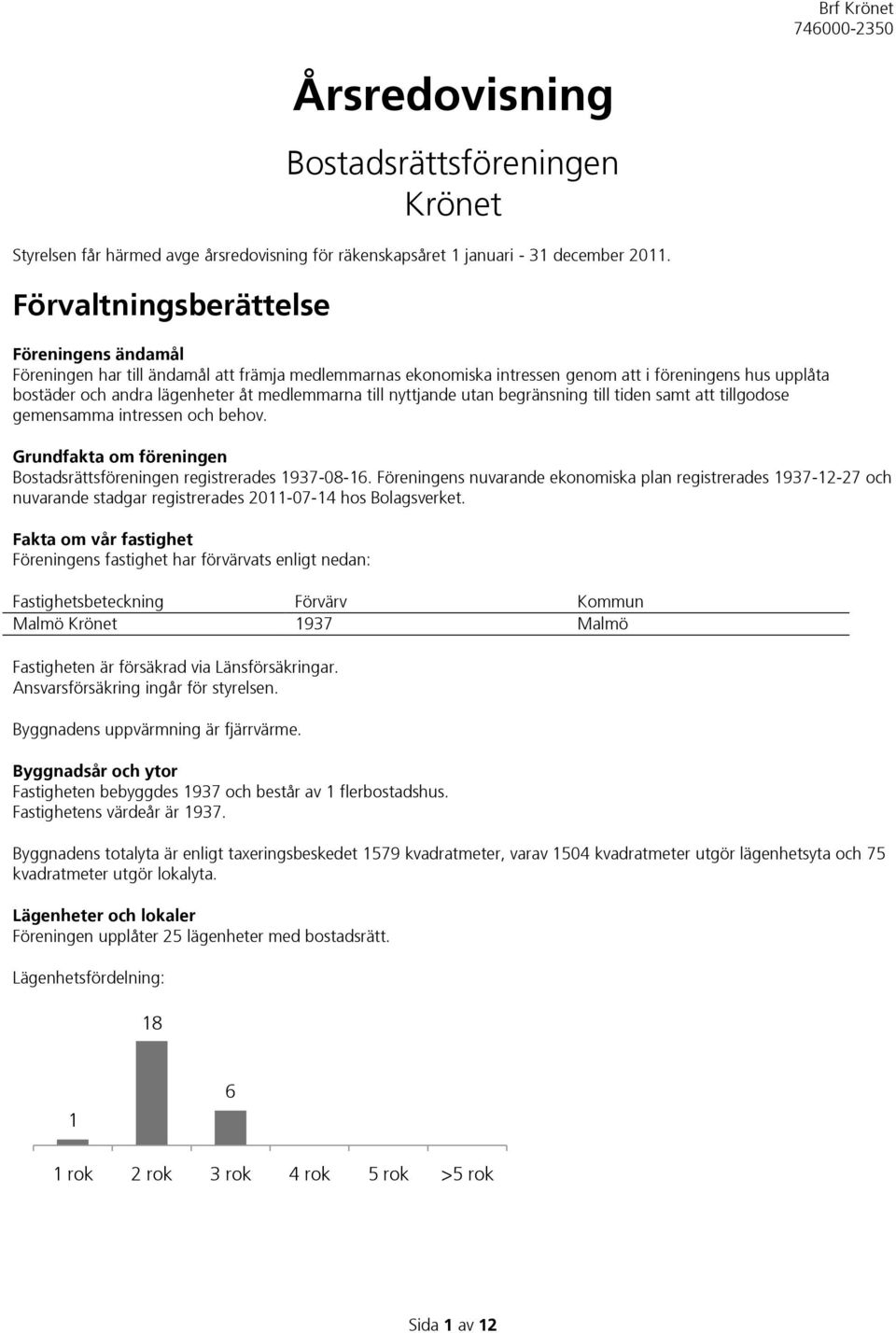 till nyttjande utan begränsning till tiden samt att tillgodose gemensamma intressen och behov. Grundfakta om föreningen Bostadsrättsföreningen registrerades 1937-08-16.