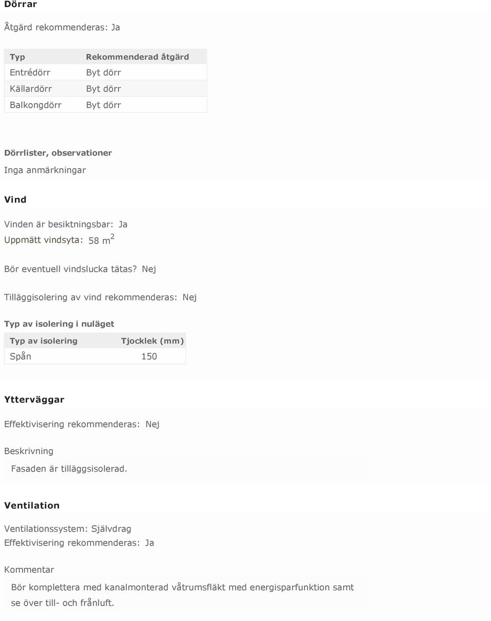 Nej Tilläggisolering av vind rekommenderas: Nej Typ av isolering i nuläget Typ av isolering Tjocklek (mm) Spån 150 Ytterväggar Effektivisering rekommenderas: