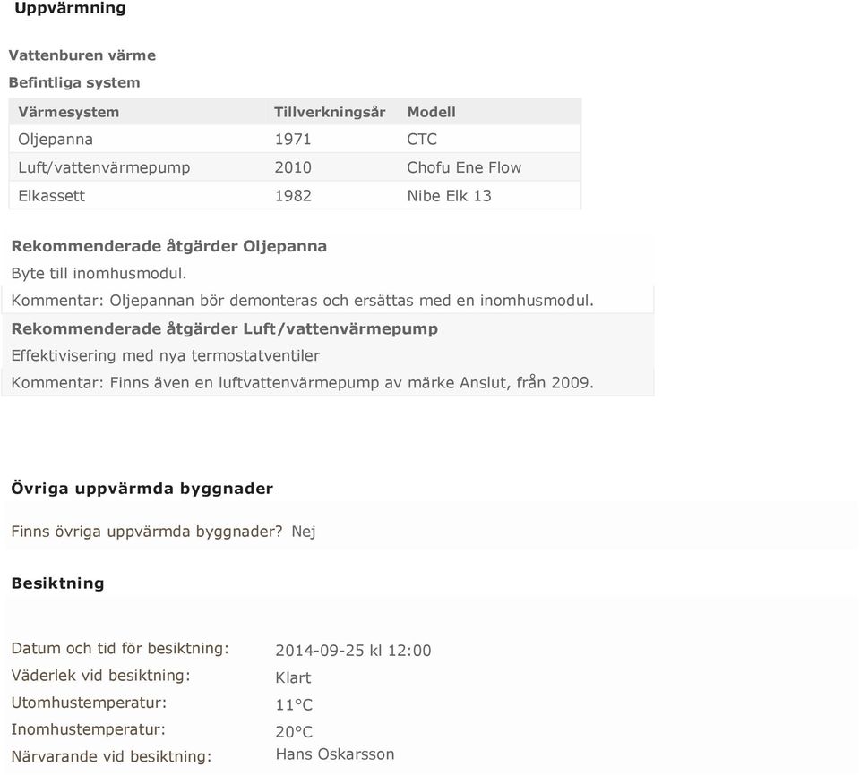 Rekommenderade åtgärder Luft/vattenvärmepump Effektivisering med nya termostatventiler Kommentar: Finns även en luftvattenvärmepump av märke Anslut, från 2009.