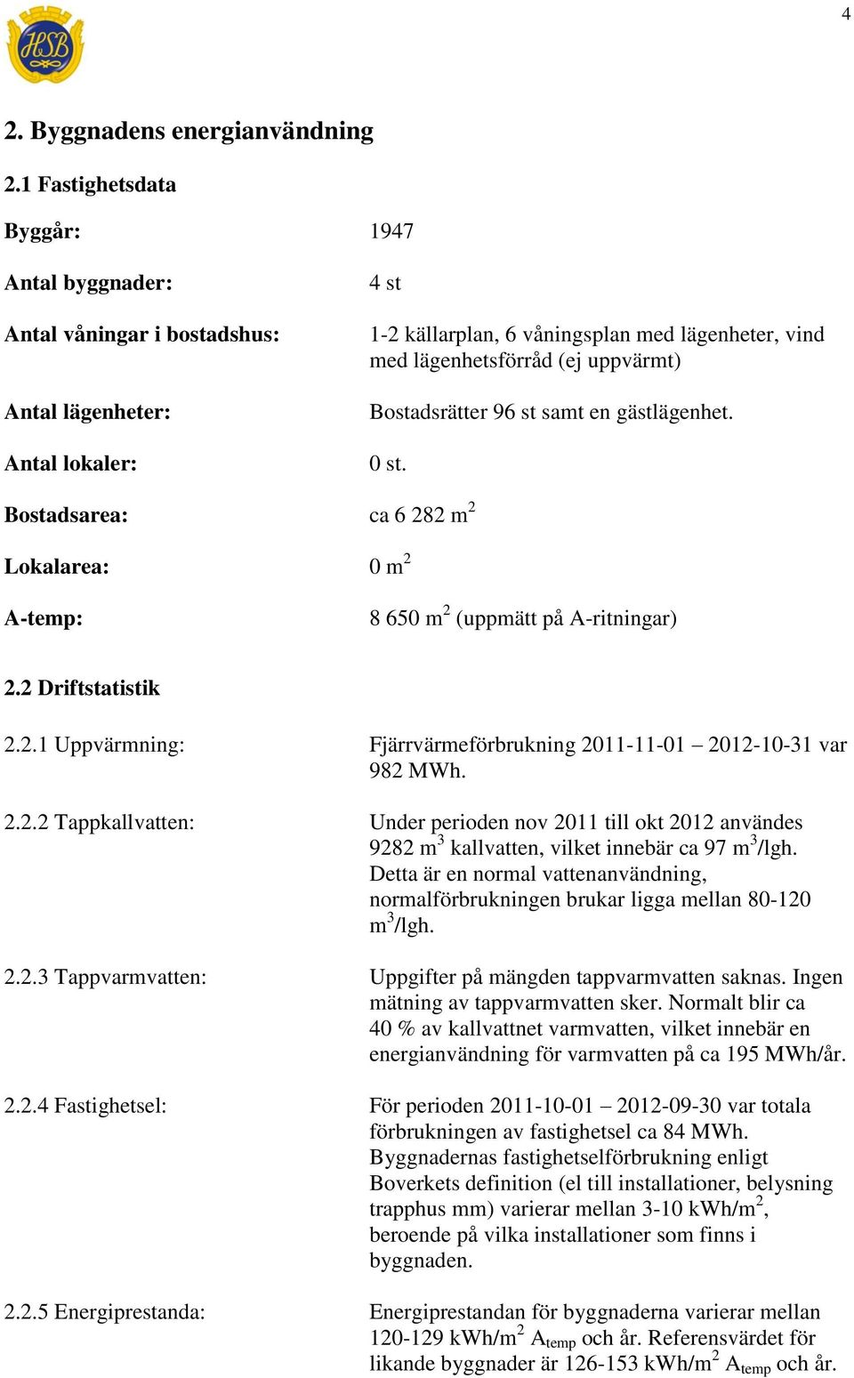 Bostadsrätter 96 st samt en gästlägenhet. 0 st. Bostadsarea: ca 6 282 m 2 Lokalarea: 0 m 2 A-temp: 8 650 m 2 (uppmätt på A-ritningar) 2.2 Driftstatistik 2.2.1 Uppvärmning: Fjärrvärmeförbrukning 2011-11-01 2012-10-31 var 982 MWh.